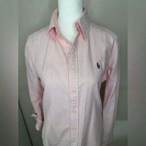 Ralph Lauren Women’s Custom Fit Button-Up Shirt – Pink & White Stripe